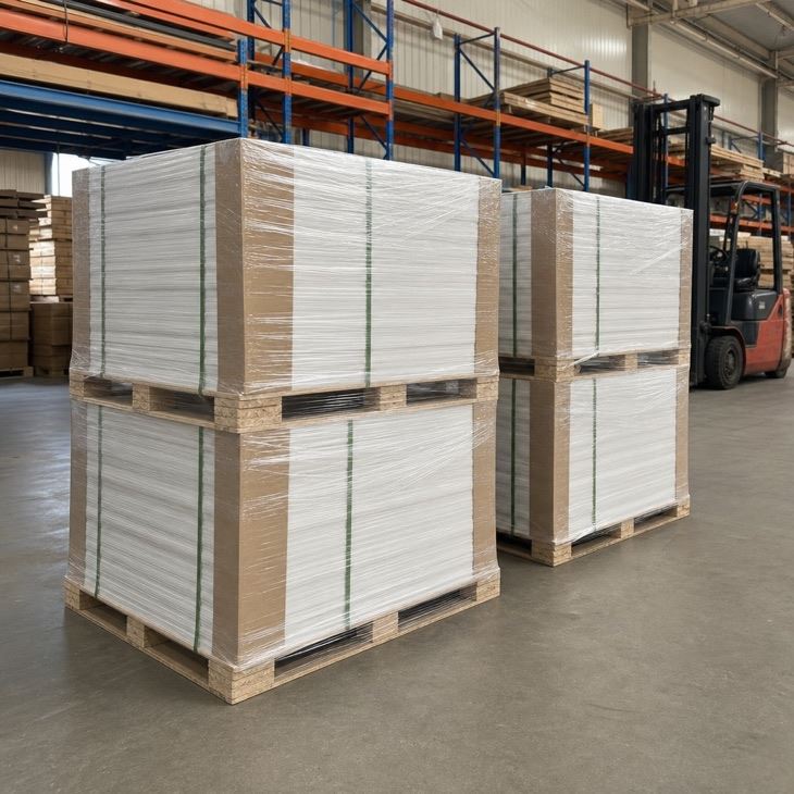 PVC ceiling cladding panels shrink wrapped on export pallets